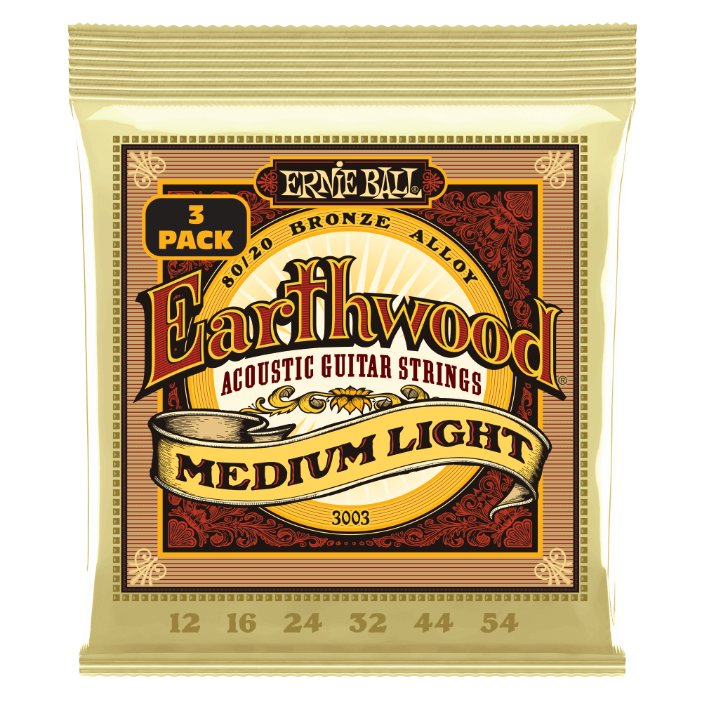Ernie Ball 3003 Earthwood Acoustic Guitar Strings 80/20 Bronze Medium Light 12-54 (3 Pack)