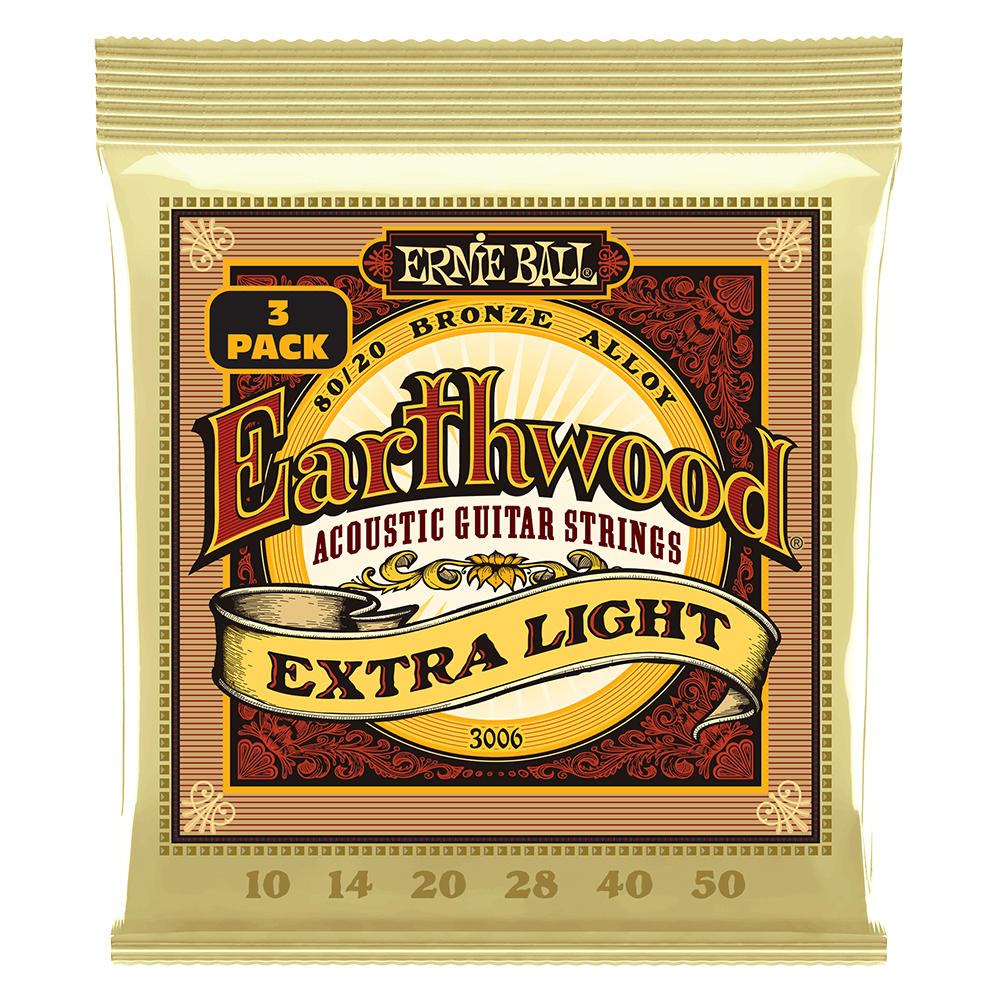 Ernie Ball 3006 Earthwood Acoustic Guitar Strings 80/20 Bronze Extra Light 10-50 (3 Pack)