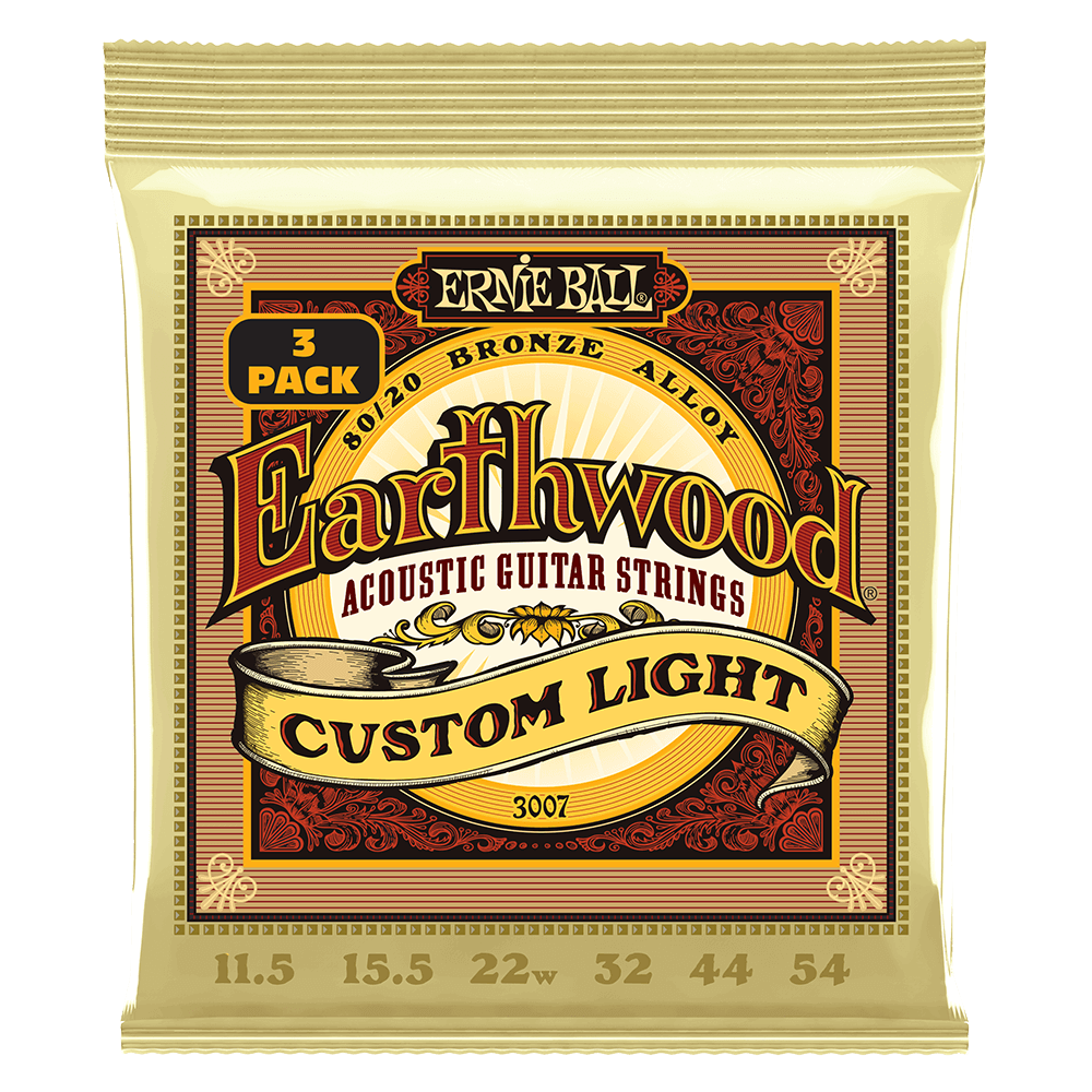 Ernie Ball 3007 Earthwood Acoustic Guitar Strings 80/20 Bronze Custom Light 11.5-54 (3 Pack)