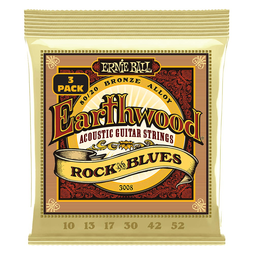 Ernie Ball 3008 Earthwood Acoustic Guitar Strings 80/20 Bronze Rock & Blues 10-52 R&B (3 Pack)