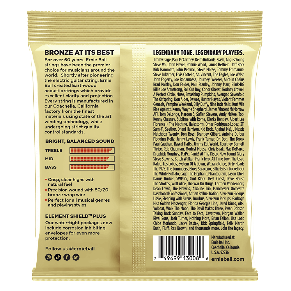 Ernie Ball 3008 Earthwood Acoustic Guitar Strings 80/20 Bronze Rock & Blues 10-52 R&B (3 Pack)