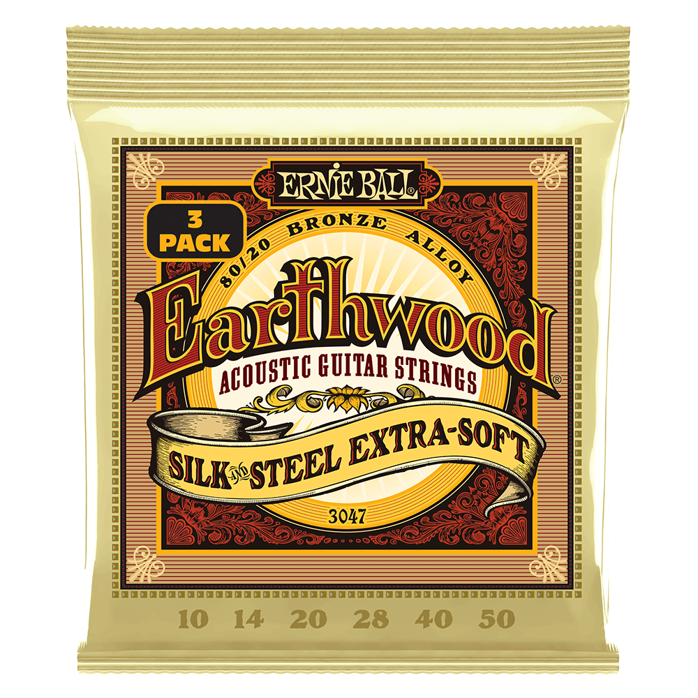 Ernie Ball 3047 Earthwood Acoustic Guitar Strings 80/20 Bronze Silk & Steel Extra Soft 10-50 (3 Pack)