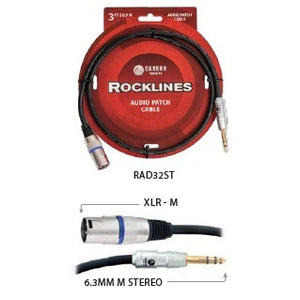 Carson Rocklines RAD32ST Audio Patch Cable 3ft Male XLR to 1/4inch Stereo Jack