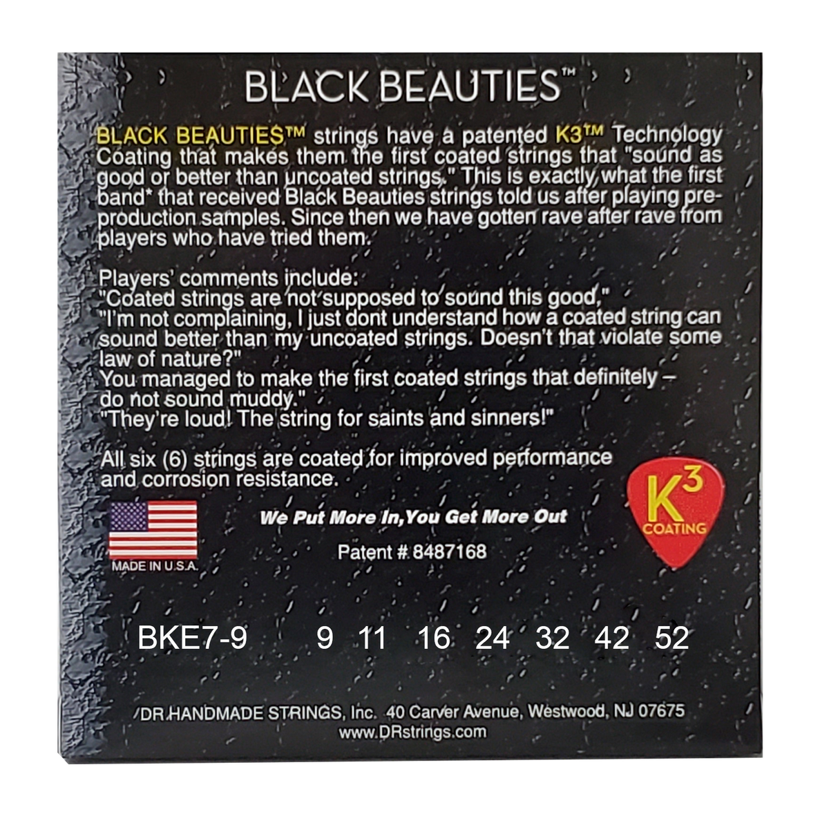 DR BLACK BEAUTIES BKE7-9 BLACK Colored Electric Guitar Strings: 7-String Light 9-52