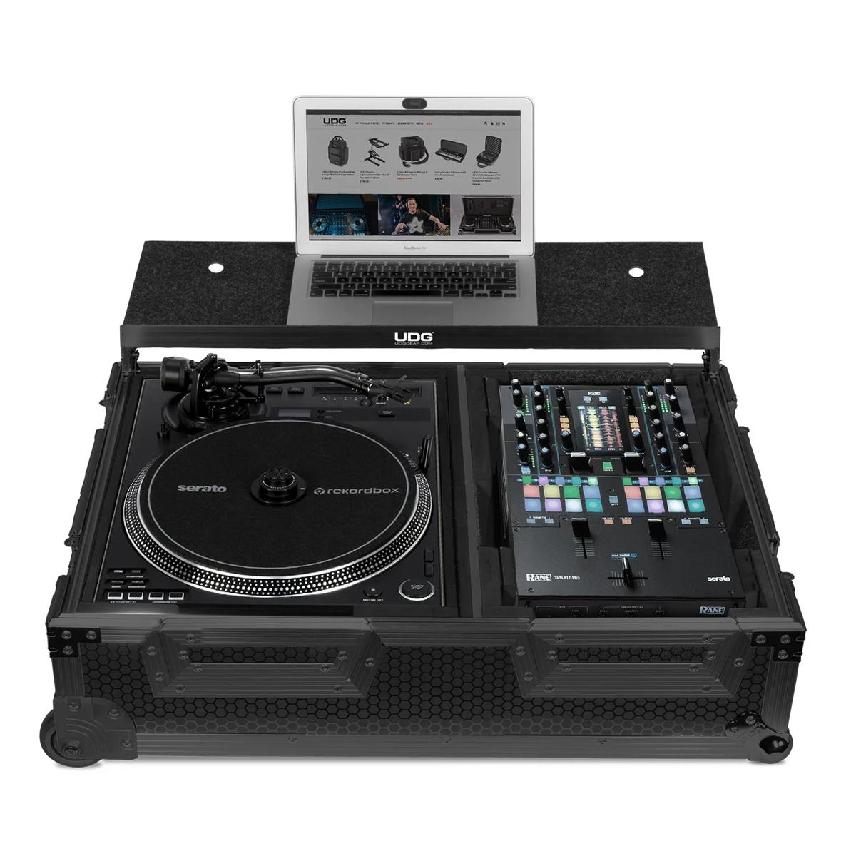 UDG U9110BL Ultimate Flight Case Single Turntable Battle/PLX-CRSS12 &amp; 10"/12" Mixer Black w/Laptop Shelf, Trolley &amp; Wheels