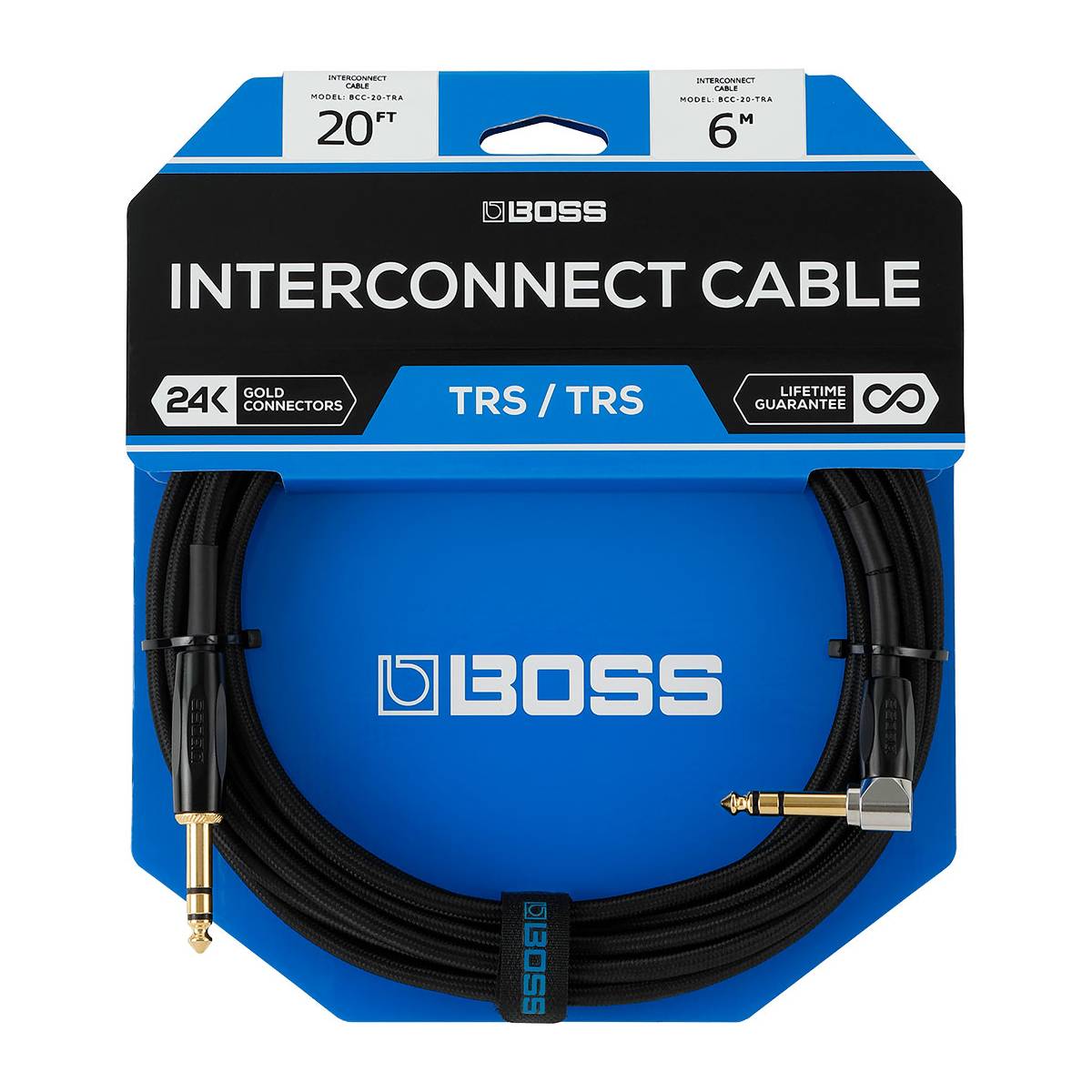 Boss BCC-20-TRA TRS Cable 6m (20ft) - 1/4inch TRS Angled > 1/44inch TRS Straight