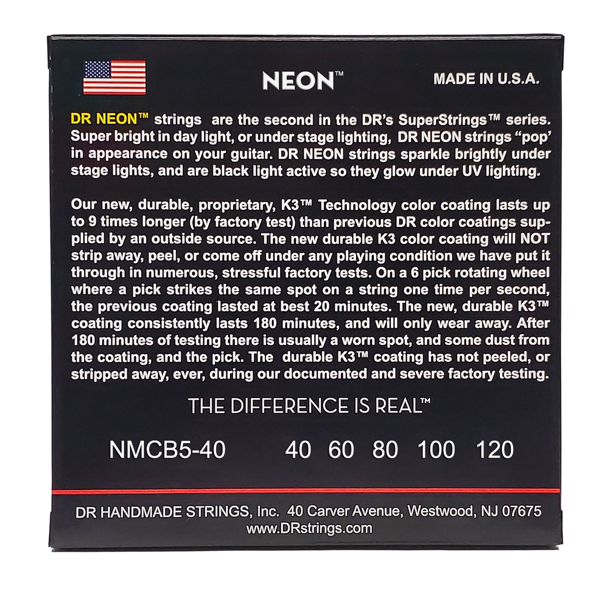 DR HI-DEF NEON NMCB5-40 Multi-Color Colored Bass Guitar Strings: 5-String Light 40-120