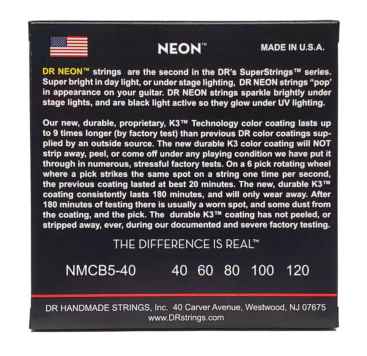 DR HI-DEF NEON NMCB5-40 Multi-Color Colored Bass Guitar Strings: 5-String Light 40-120