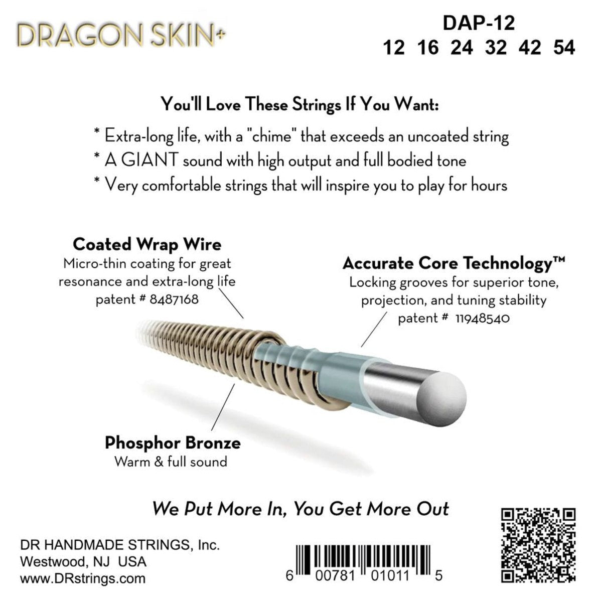 DR Dragon Skin+ DAP-12 Phosphor Bronze Acoustic Guitar Strings: 12-54