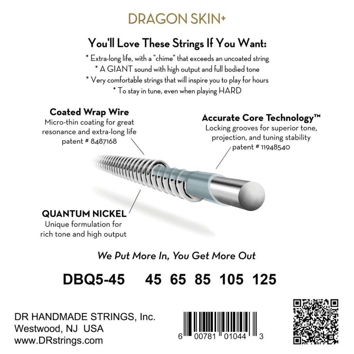 DR Dragon Skin+ DBQ5-45 Quantum Nickel Bass Guitar Strings: 45-125
