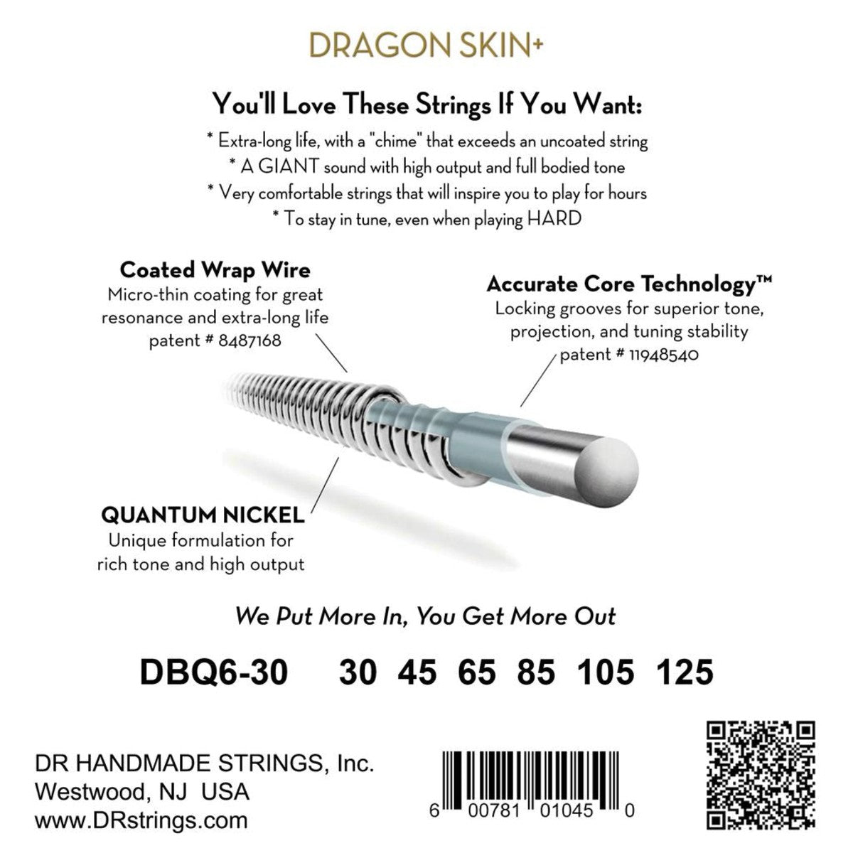 DR Dragon Skin+ DBQ6-30 Quantum Nickel Bass Guitar Strings: 30-125