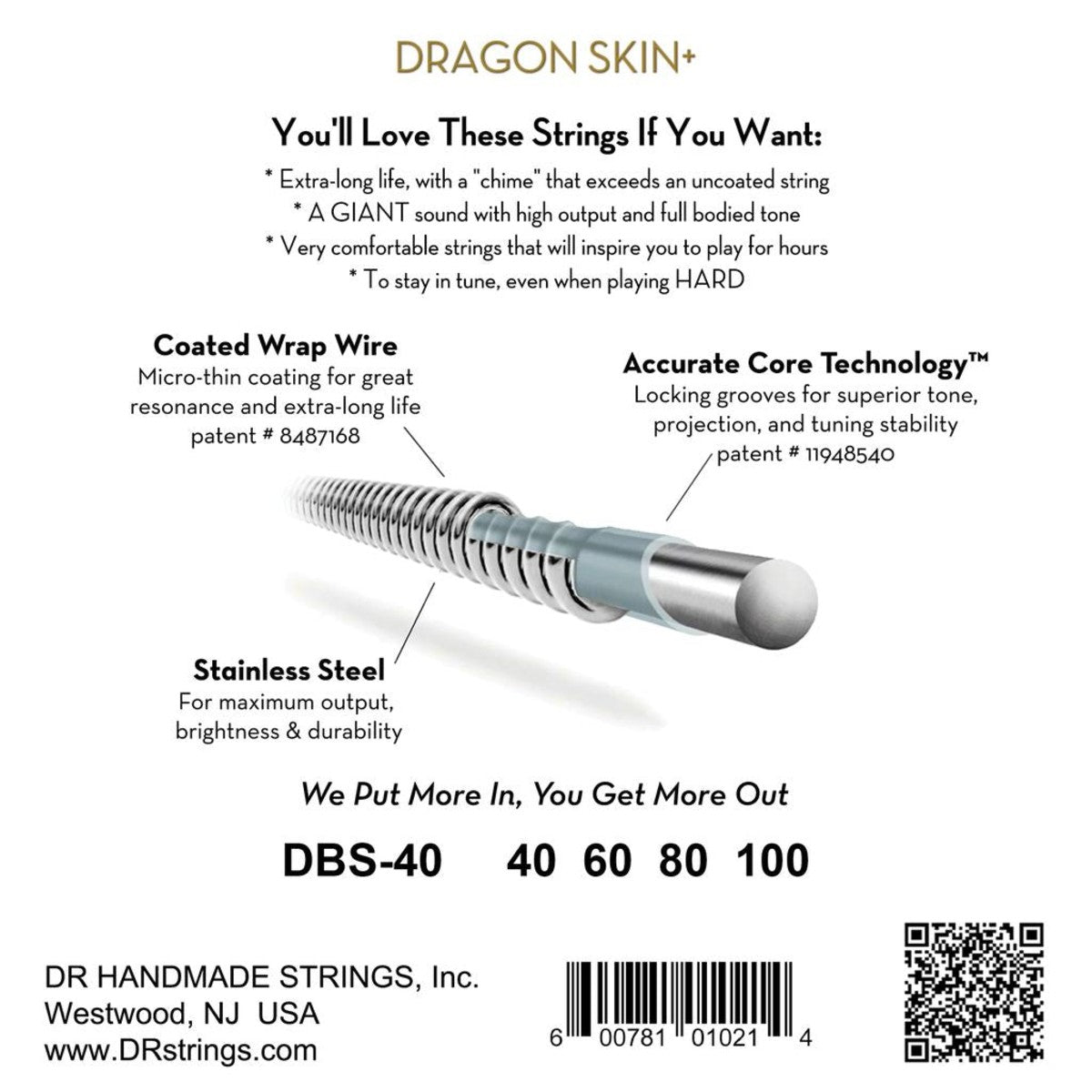 DR Dragon Skin+ DBS-40 Stainless Steel Bass Guitar Strings: 40-100