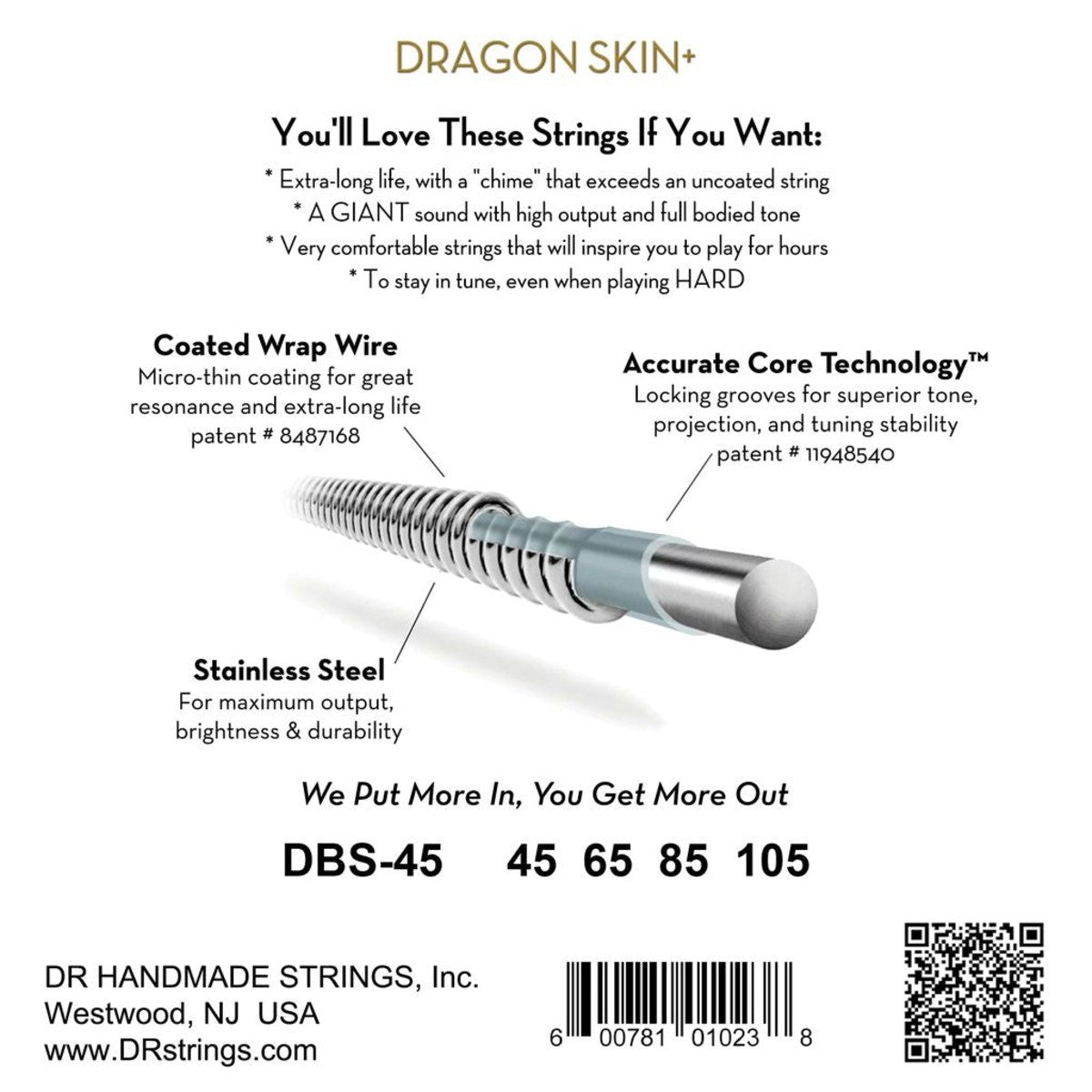 DR Dragon Skin+ DBS-45 Stainless Steel Bass Guitar Strings: 45-105