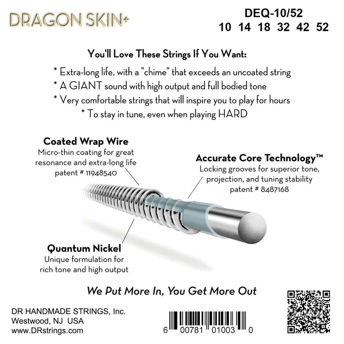 DR Dragon Skin+ DEQ-10/52 Electric Guitar Strings: 10-52