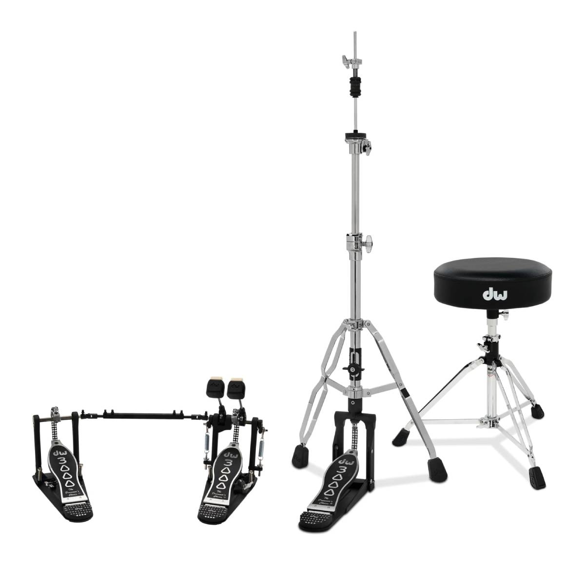 DW Drums 3000 Series Hardware Pack 3-Piece - DWCP3002A Double Kick Pedal, DWCP3500TA 2-leg Hi-Hat Stand &amp;  DWCP3100 Stool