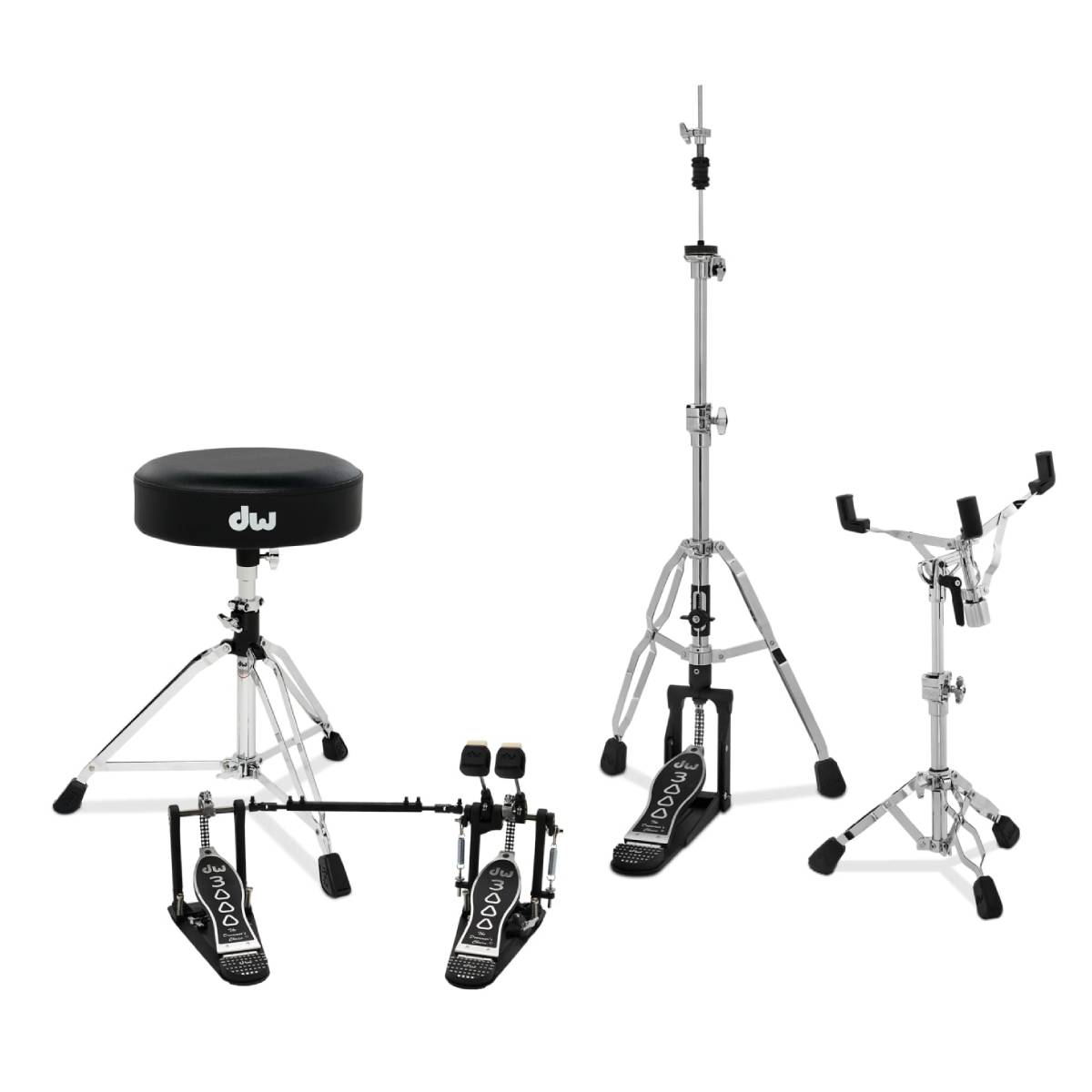 DW Drums 3000 Series Hardware Pack 4-Piece - DWCP3002A Double Kick Pedal, DWCP3500TA 2-leg Hi-Hat Stand, DWCP3300A Snare Stand &amp; DWCP3100 Stool