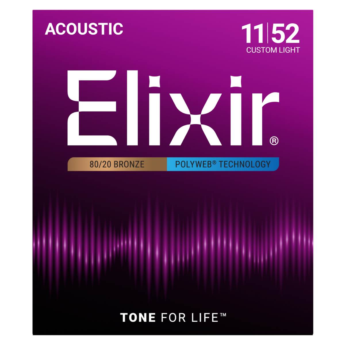 Elixir 11025 Acoustic Guitar Strings 80/20 Bronze Polyweb Coated - Custom Light 11-52
