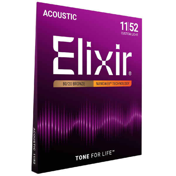 Elixir Custom Light Elixir 11027 Acoustic Guitar Strings Nanoweb Custom Light 11-52 80/20 ...