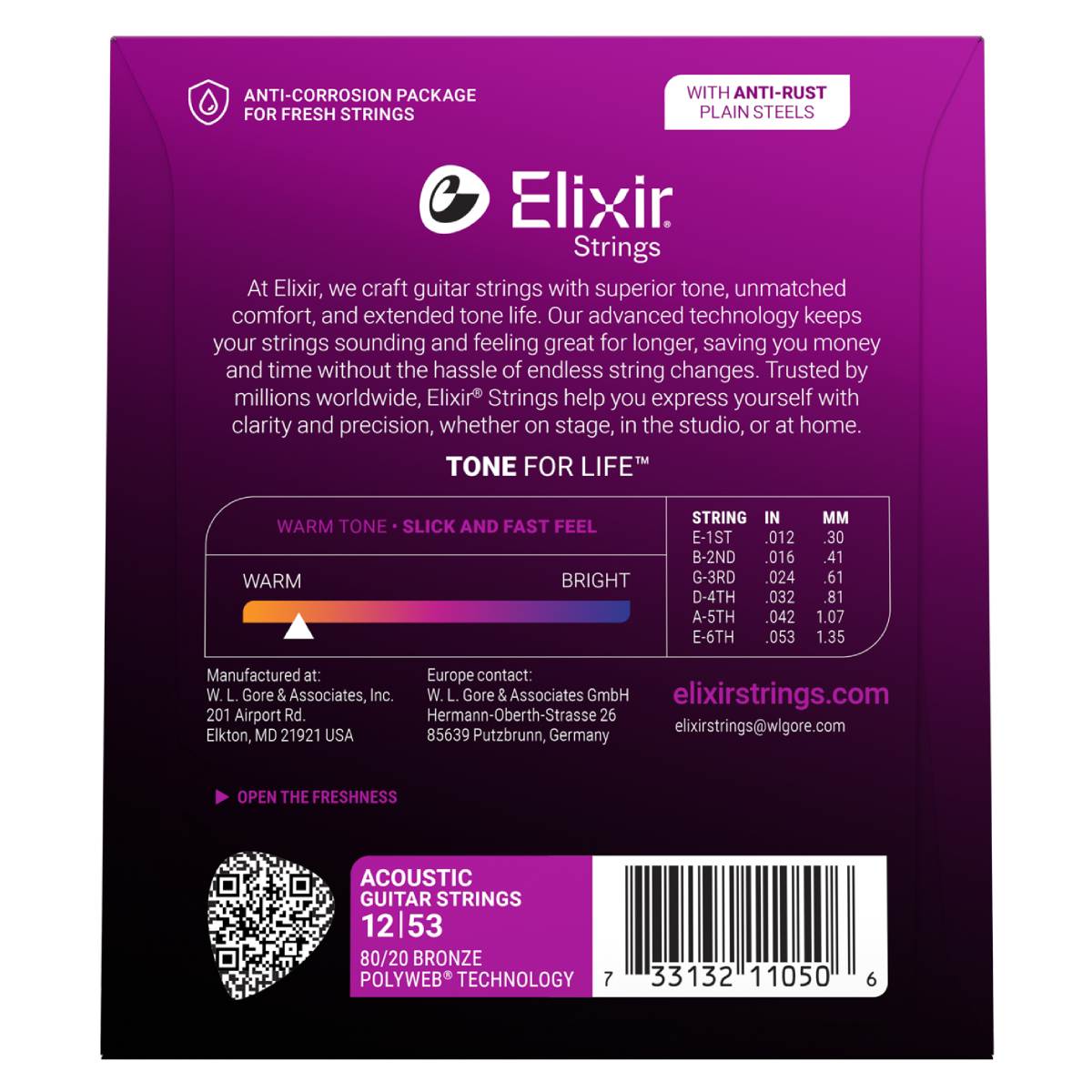 Elixir 11050 Acoustic Guitar Strings 80/20 Bronze Polyweb Coated - Light 12-53