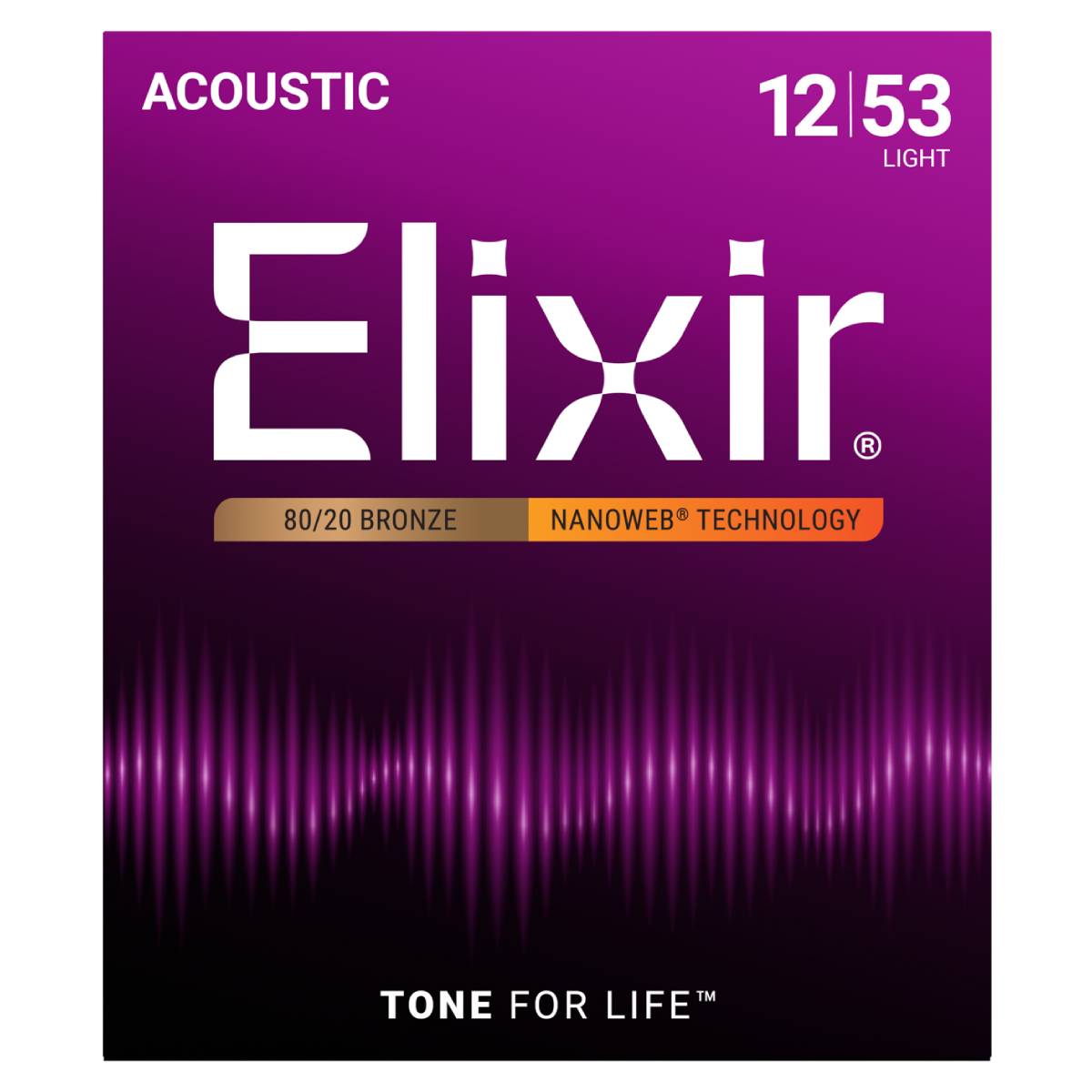 Elixir 11052 Acoustic Guitar Strings 80/20 Bronze Nanoweb Coated - Light 12-53