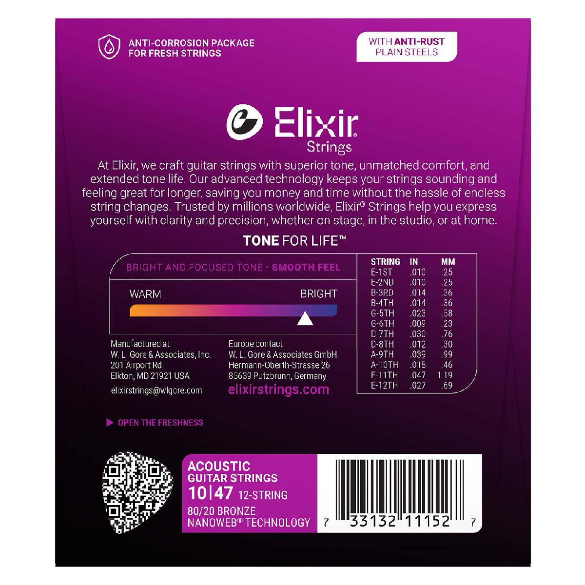 Elixir 11152 Acoustic Guitar Strings 12-String 80/20 Nanoweb Coated - Light 10-47