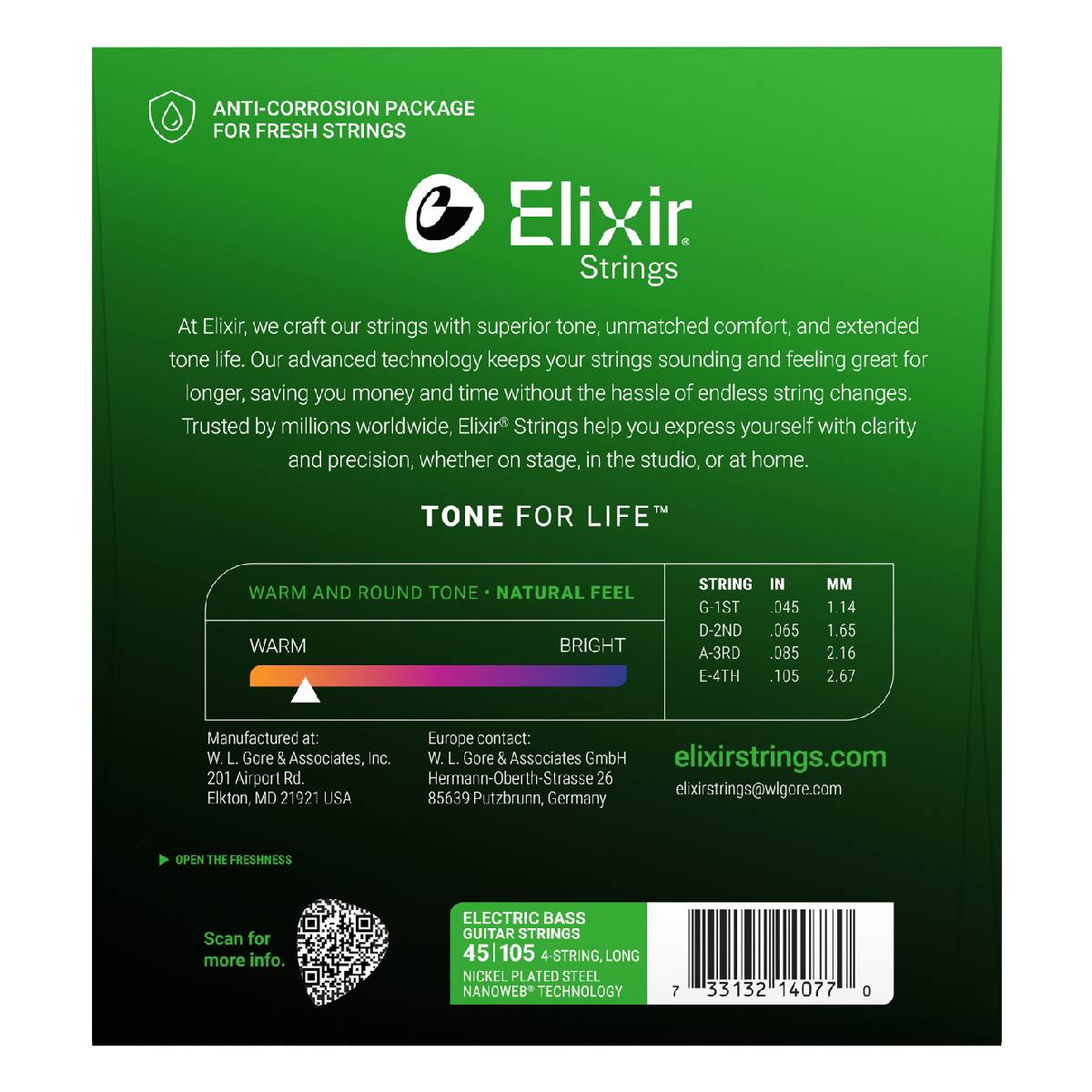 Elixir 14077 Electric Bass Guitar Strings Nanoweb Coated - Light/Medium 45-105