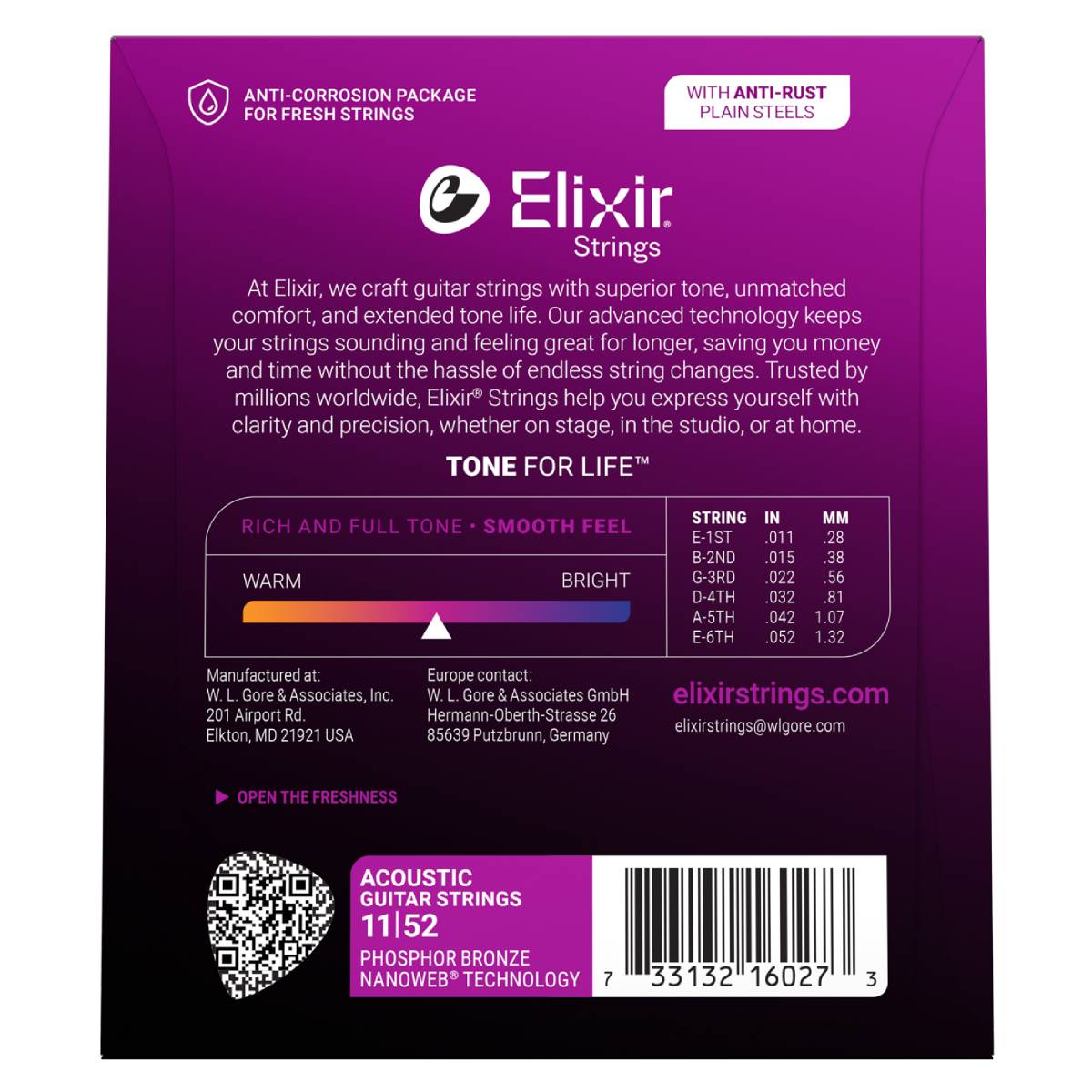 Elixir 16027 Acoustic Guitar Strings Phosphor Bronze Nanoweb Coated - Custom Light 11-52