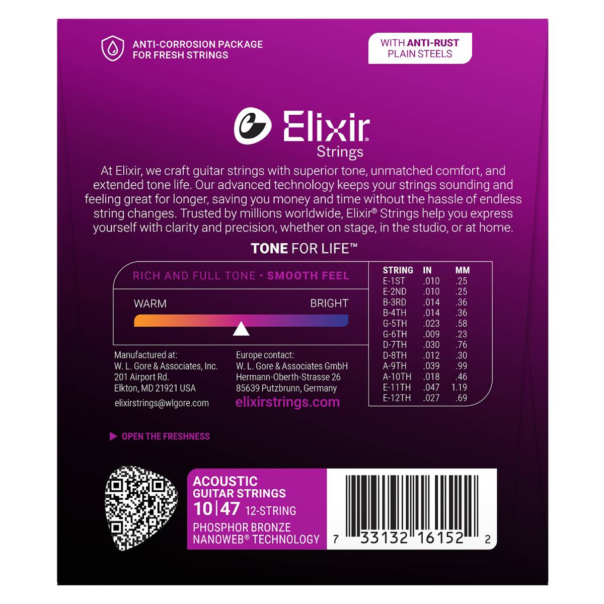 Elixir 16152 Acoustic Guitar Strings 12-String Phosphor Bronze Nanoweb Coated - Light 10-47
