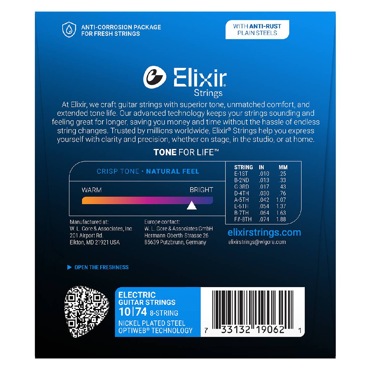 Elixir 19062 Electric Guitar Strings 8-String Optiweb Coated - Light 10-74