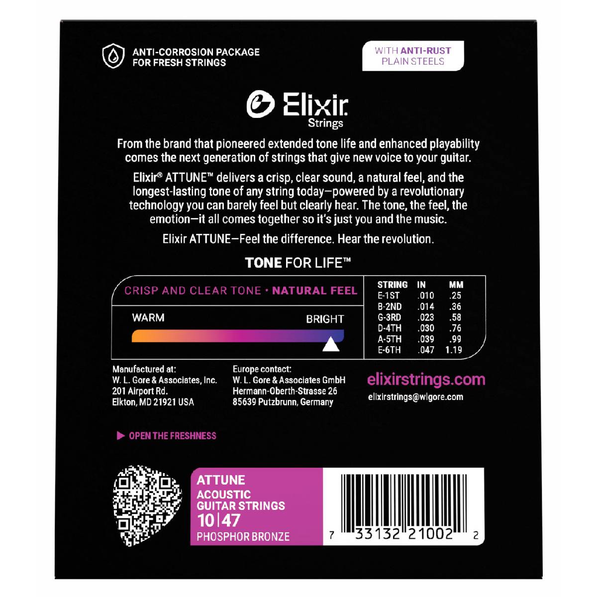 Elixir 21002 Attune Acoustic Guitar Strings Phosphor Bronze Coated - Extra Light 10-47