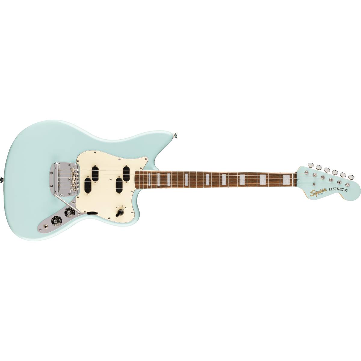 Fender Squier Paranormal Electric VI Bass Guitar 6-String Matching Headstock Daphne Blue w/ Parchment Pickguard - 0377071504