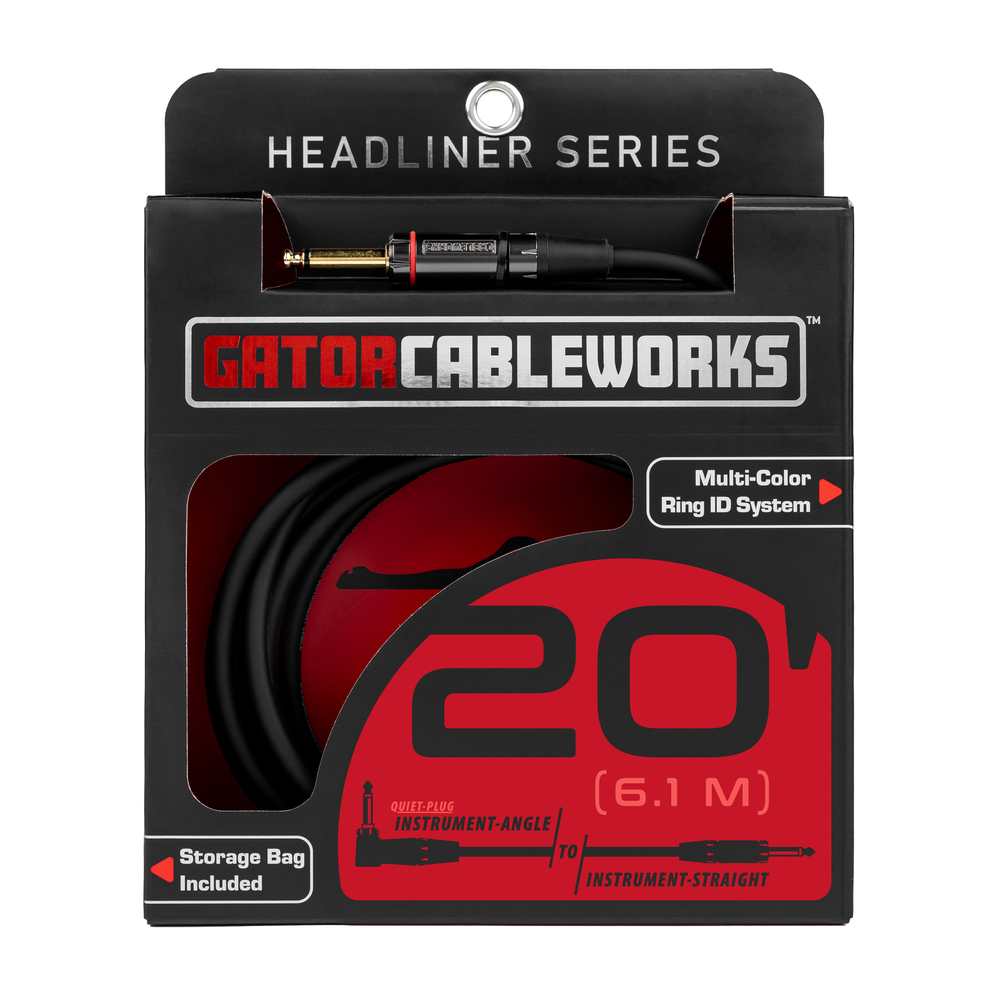 Gator Headliner Series GCWH-INS-20RAQT Guitar Cable 6m (20ft) Straight to Right Angle Quiet Instrument Lead