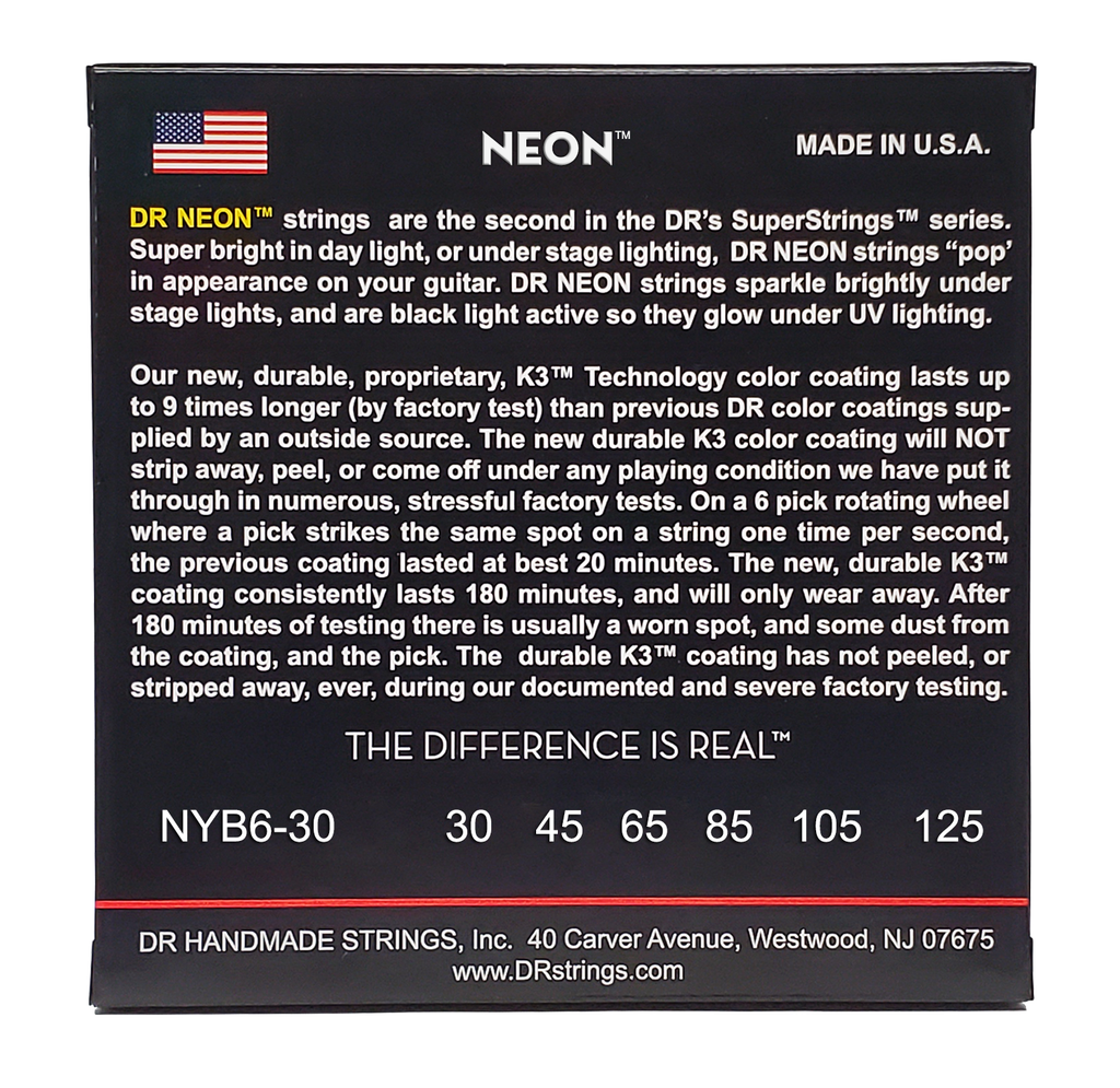 DR HI-DEF NEON NYB6-30 Yellow Colored Bass Guitar Strings: 6-String Medium 30-125