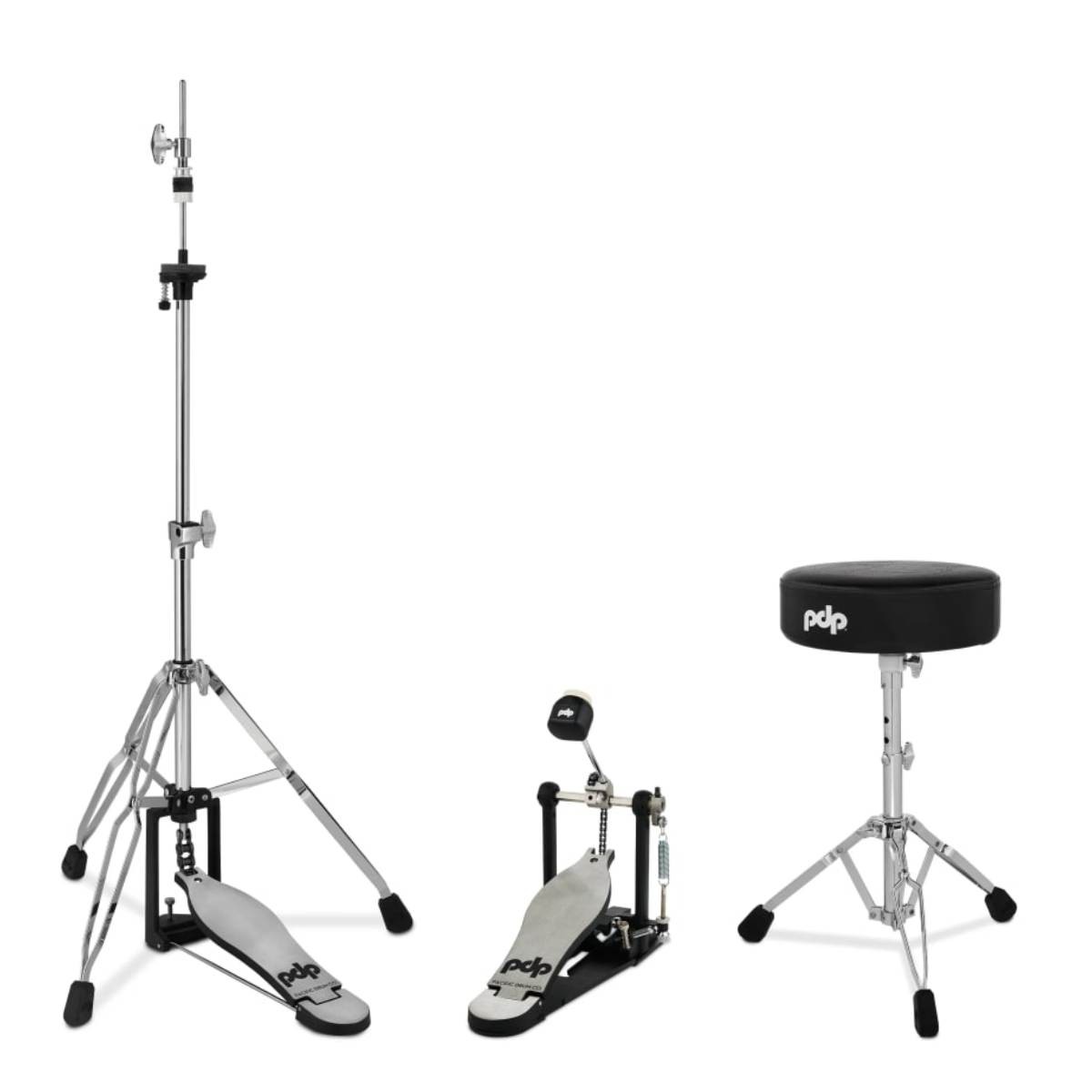 PDP Drums 700 Series Hardware Pack 3-Piece - PDSP710 Single Kick Pedal, PDHH713 3-leg Hi-Hat Stand &amp; PDDT710RB Stool