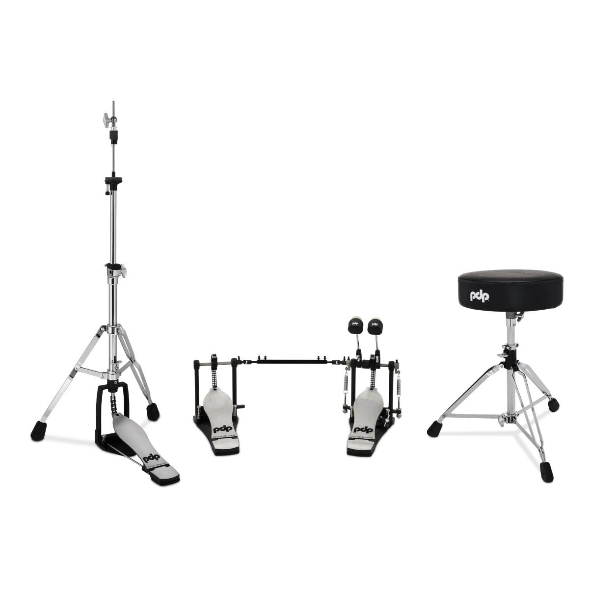 PDP Drums 800 Series Hardware Pack 3-Piece - PDDP812 Double Kick Pedal, PDHH812 2-leg Hi-Hat Stand & PDDT810RB Stool