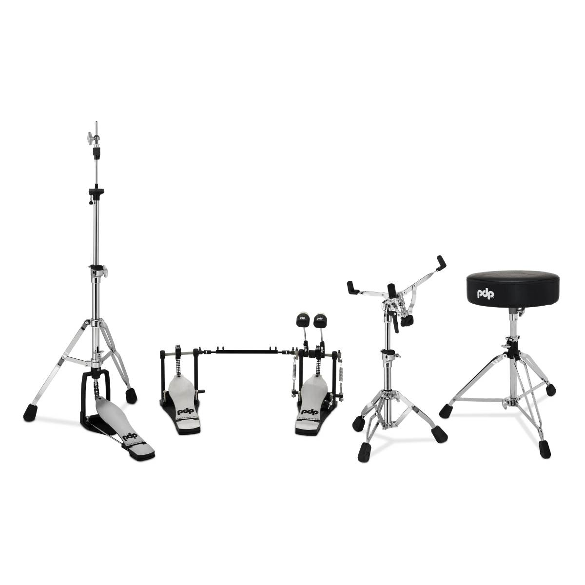 PDP Drums 800 Series Hardware Pack 4-Piece - PDDP812 Double Kick Pedal, PDHH812 2-leg Hi-Hat Stand, PDSS810 Snare Stand & PDDT810RB Stool