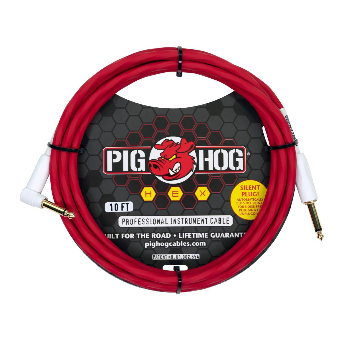 Pig Hog Hex Series Silent Guitar Cable 3m (10ft) Instrument Lead - Candy Apple Red w/ Right Angle - PHSH10CAR