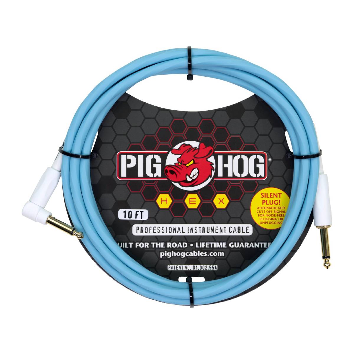 Pig Hog Hex Series Silent Guitar Cable 3m (10ft) Instrument Lead - Daphne Blue w/ Right Angle - PHSH10DBR