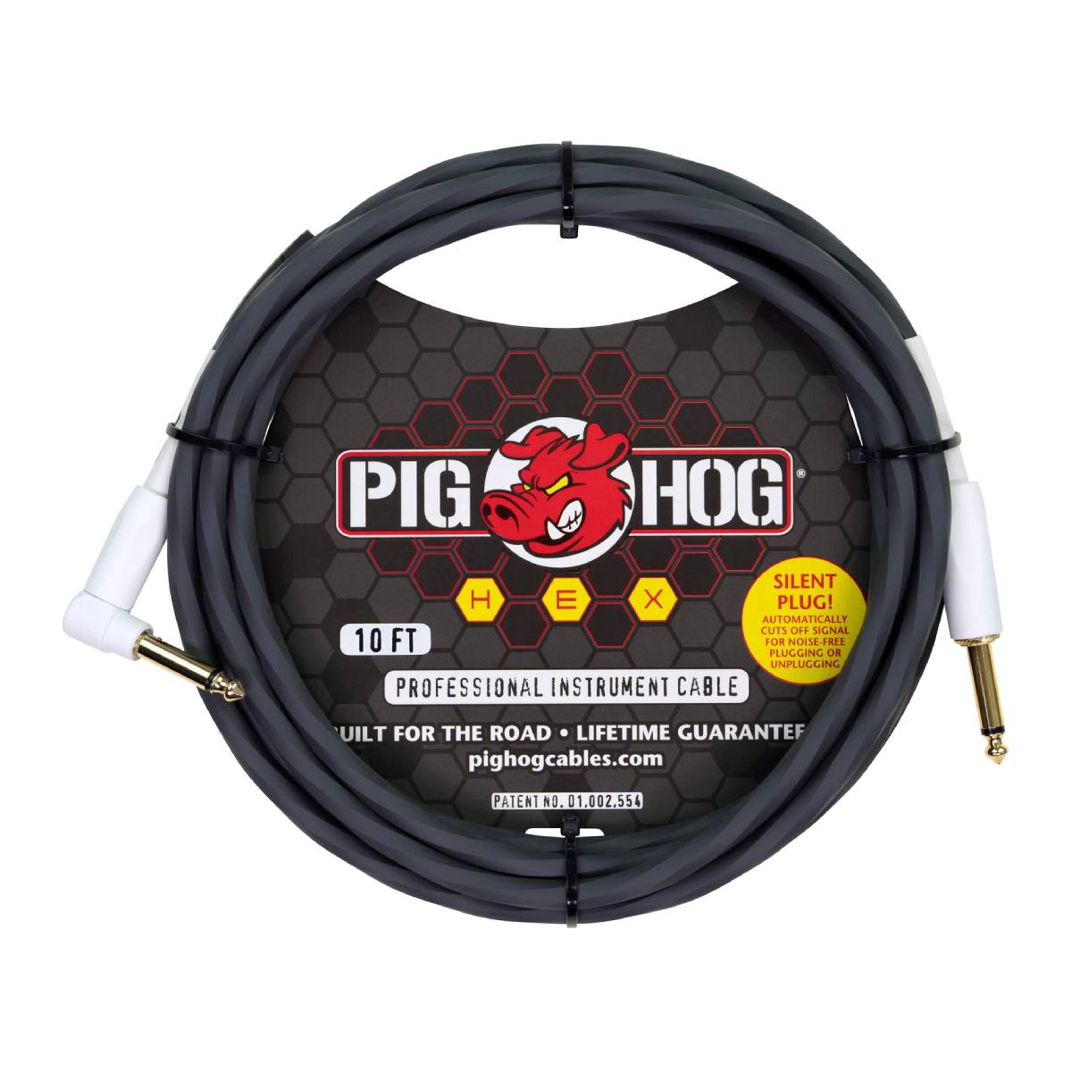 Pig Hog Hex Series Silent Guitar Cable 3m (10ft) Instrument Lead - Grey w/ Right Angle - PHSH10GRR