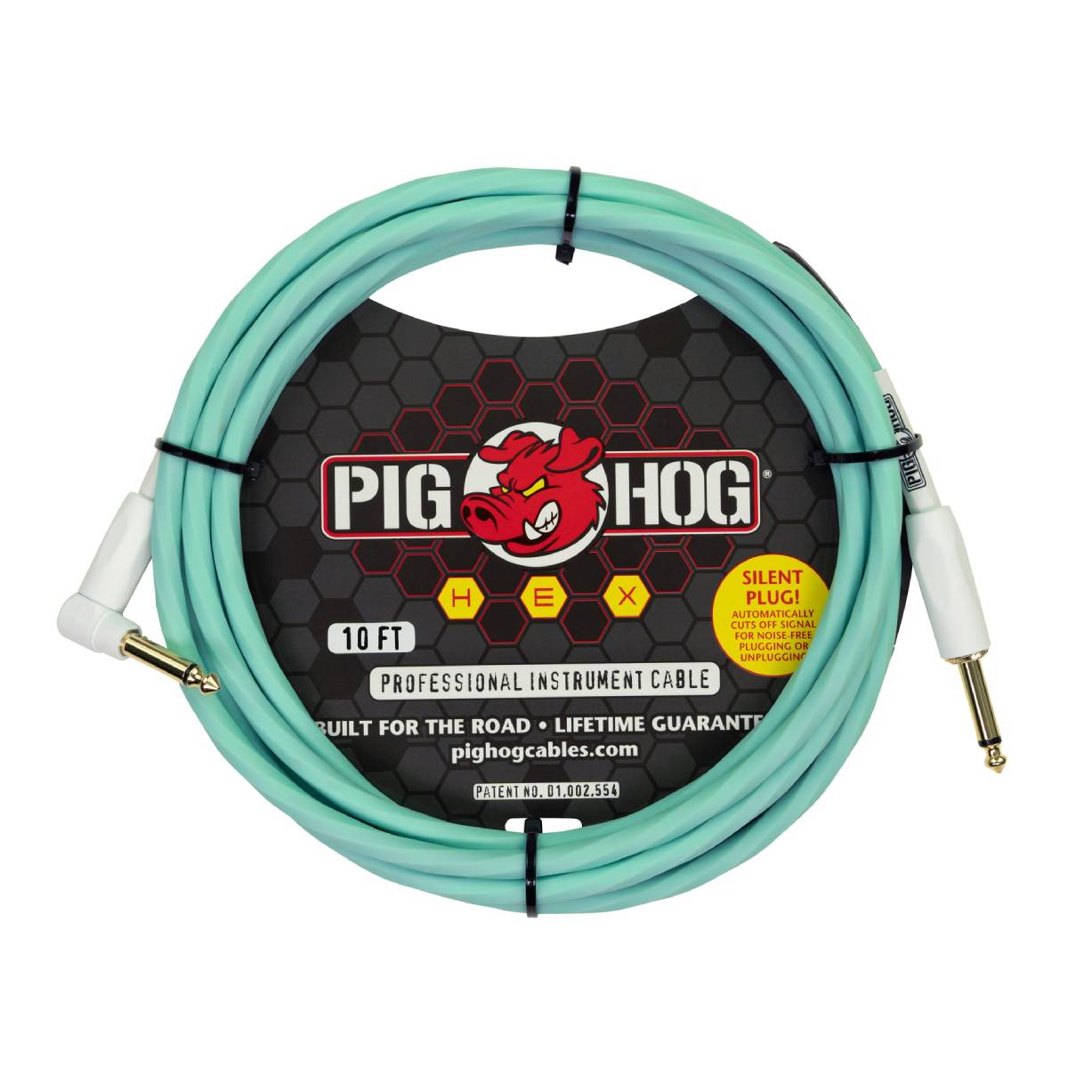 Pig Hog Hex Series Silent Guitar Cable 3m (10ft) Instrument Lead - Seafoam Green w/ Right Angle - PHSH10SGR
