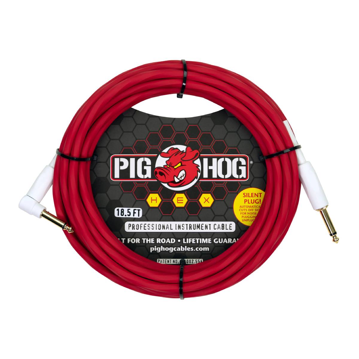 Pig Hog Hex Series Silent Guitar Cable 5.5m (18.6ft) Instrument Lead - Candy Apple Red w/ Right Angle - PHSH186CAR