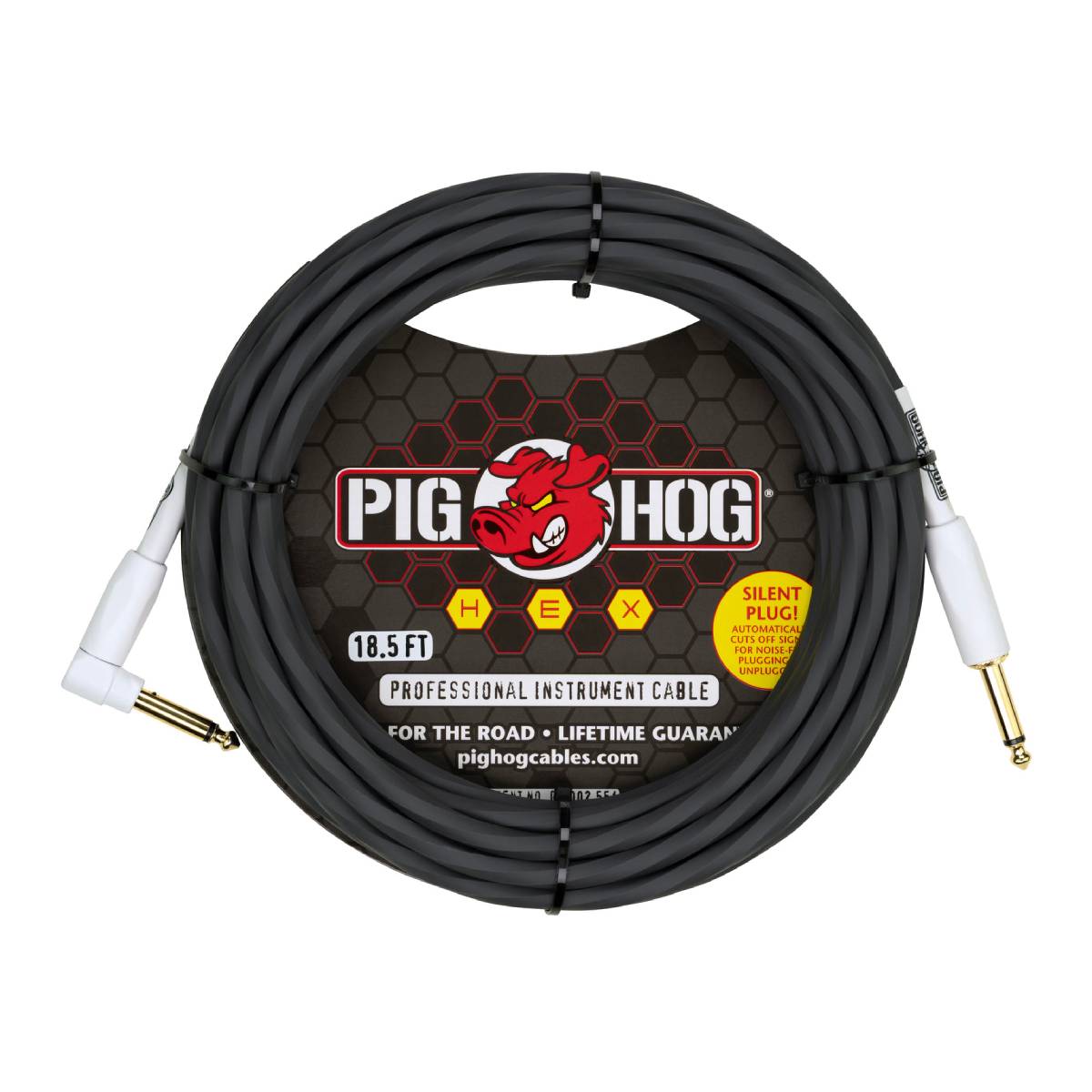 Pig Hog Hex Series Silent Guitar Cable 5.5m (18.6ft) Instrument Lead - Grey w/ Right Angle - PHSH186GRR