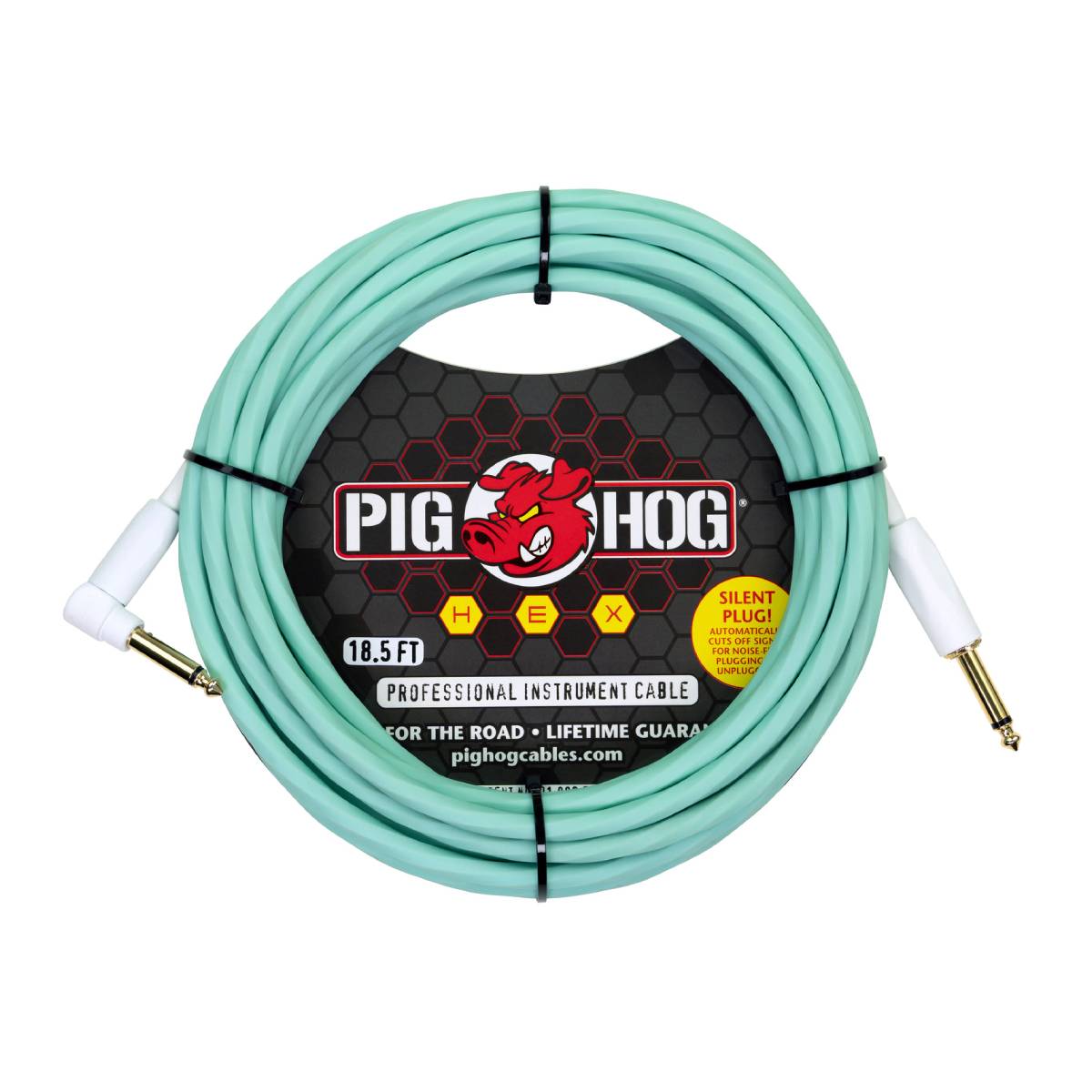 Pig Hog Hex Series Silent Guitar Cable 5.5m (18.6ft) Instrument Lead - Seafoam Green w/ Right Angle - PHSH186SGR