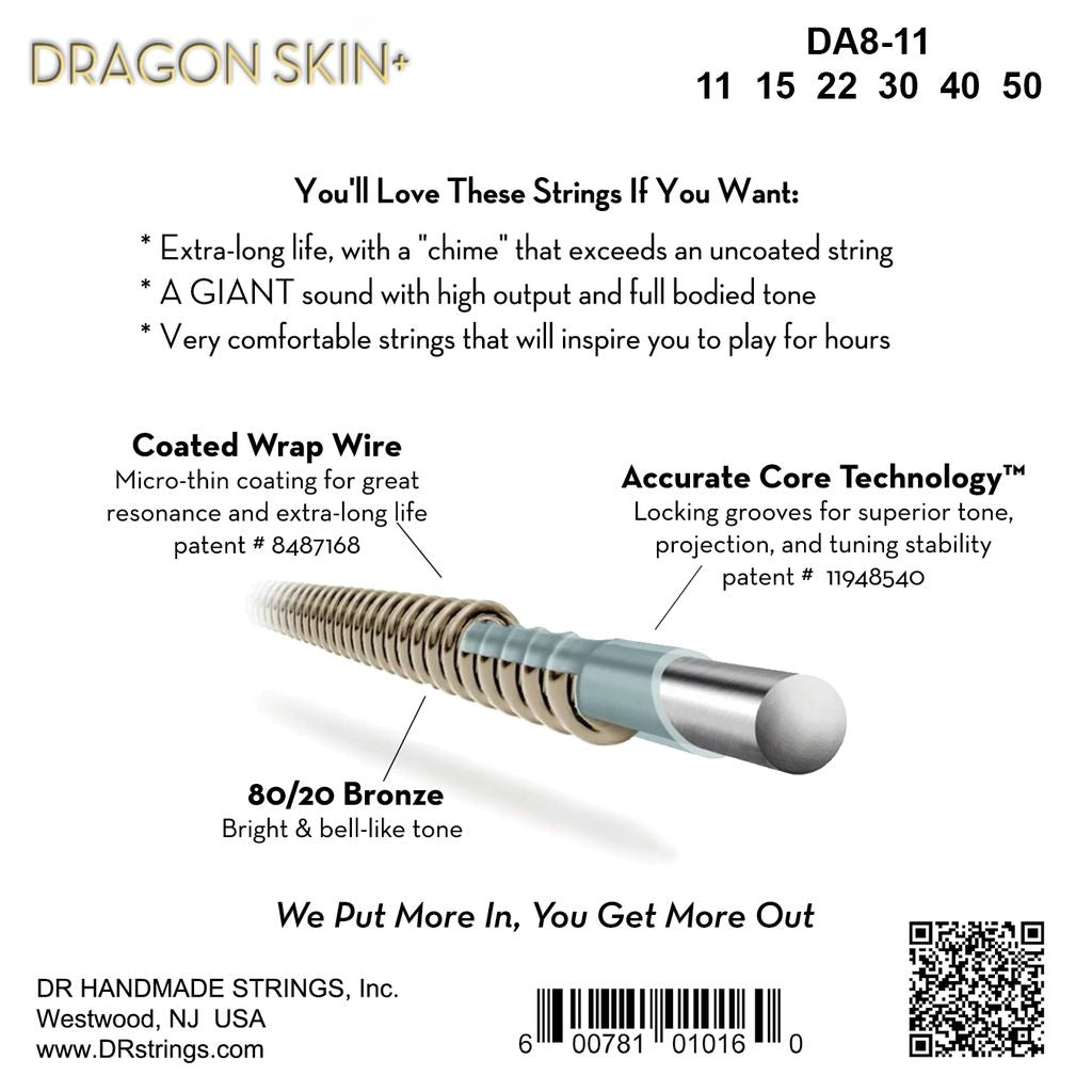 DR Dragon Skin+ DA8-11 80/20 Acoustic Guitar Strings: 11-50