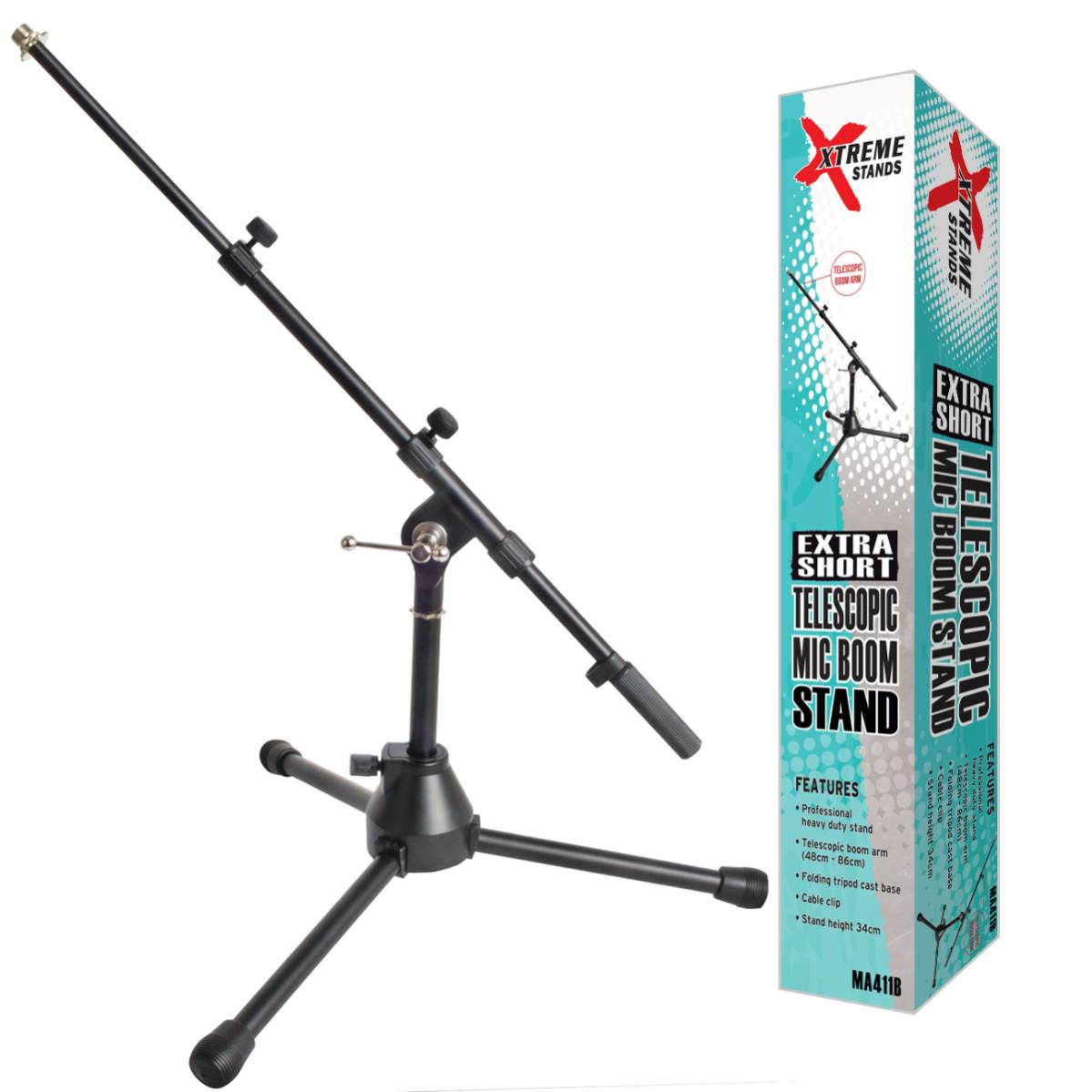 Xtreme MA411B Short Microphone Stand w/ Telescopic Boom - Black