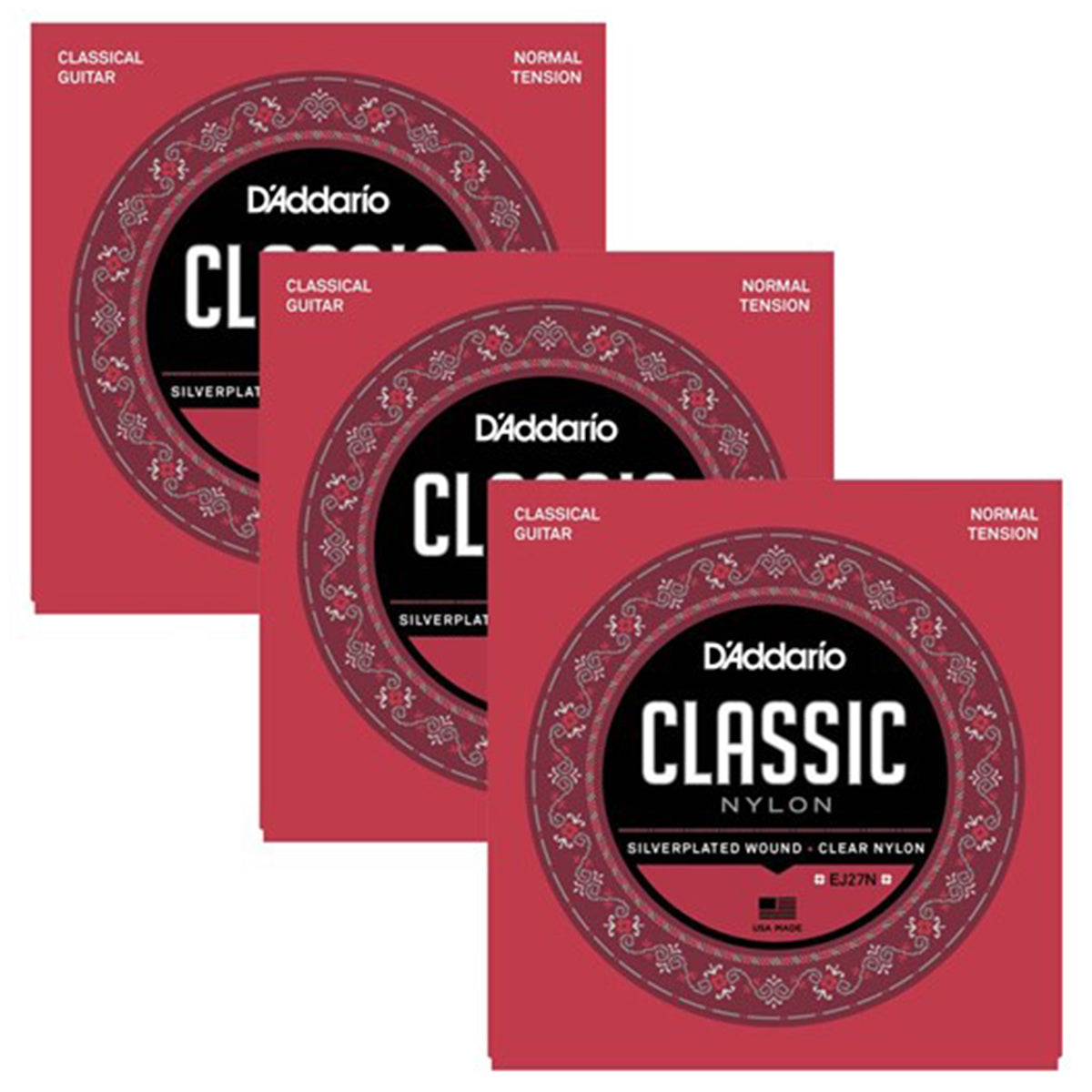 3 Pack of D'Addario EJ27N Student Nylon Classical Guitar Strings (Normal Tension)