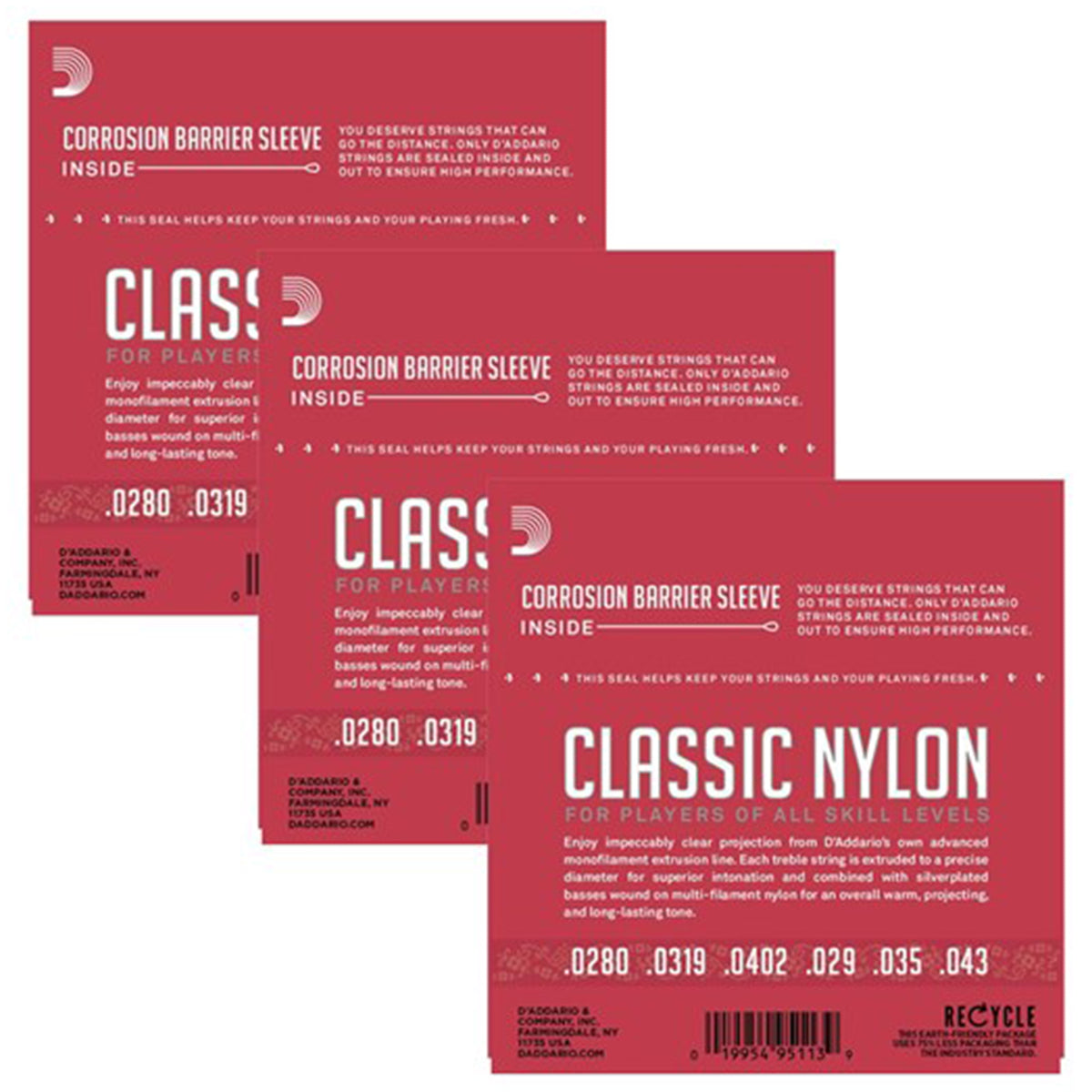 3 Pack of D'Addario EJ27N Student Nylon Classical Guitar Strings (Normal Tension)