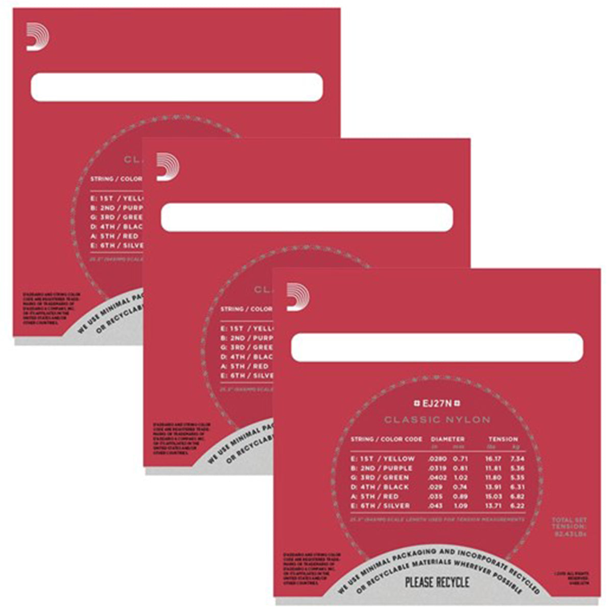 3 Pack of D'Addario EJ27N Student Nylon Classical Guitar Strings (Normal Tension)