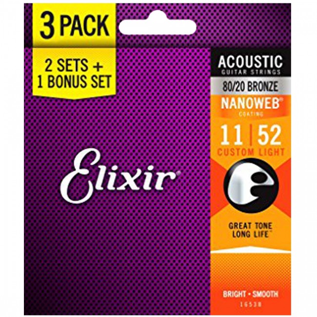 3 Pack of Elixir 16538 Acoustic Guitar Strings 