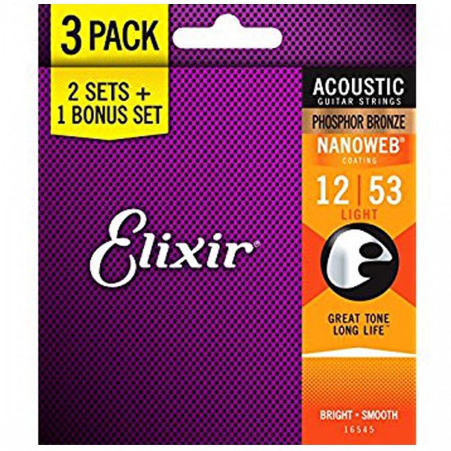 3 Pack of Elixir 16545 Acoustic Guitar Strings Nanoweb Light 12-53